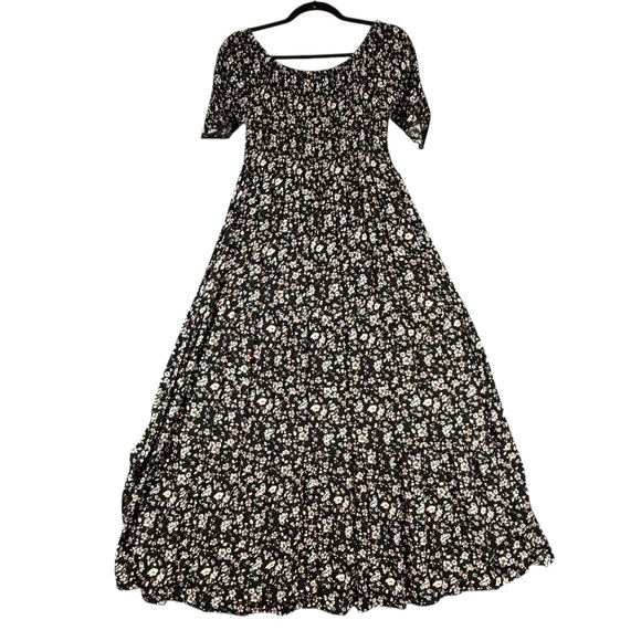 NATURAL LIFE Oversized Smocked Black Daisy Tiered Midi-Maxi Dress Sz XS - Picture 1 of 12